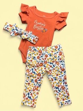 Baby Essentials Orange Floral Legging Set with Headband